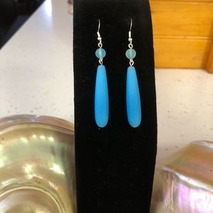 Handmade Sterling Silver 925 - Opaque Darker Blue Cultured Sea Glass Earrings